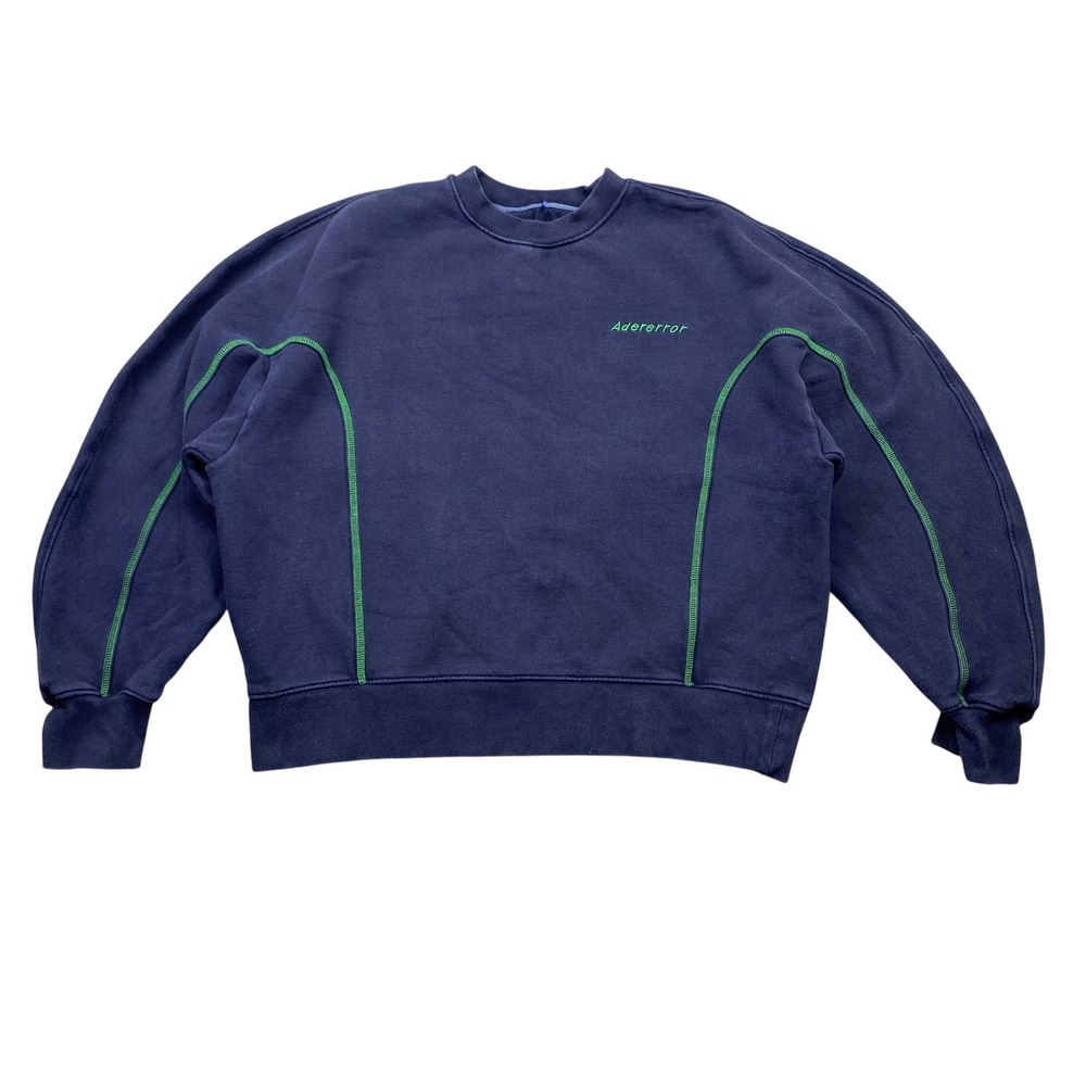 Ader‎ Error Navy Blue Contrast Stitch Crewneck Sweatshirt BKASSHT17WH Size A2